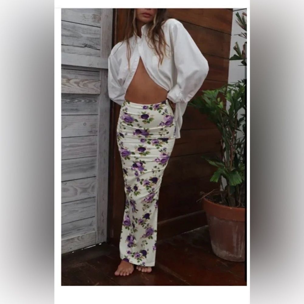 NWT women’s HEAVY MANNERS Purple & cream rose Tulip side slit maxi Skirt Xsmall